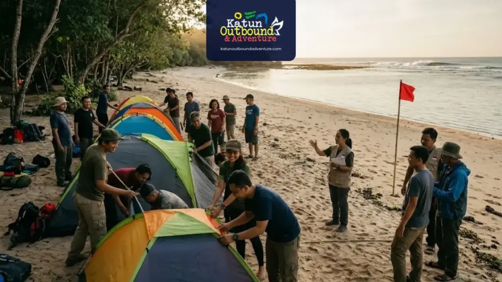 peserta-mendirikan-tenda-dome-di-area-datar-dekat-pantai
